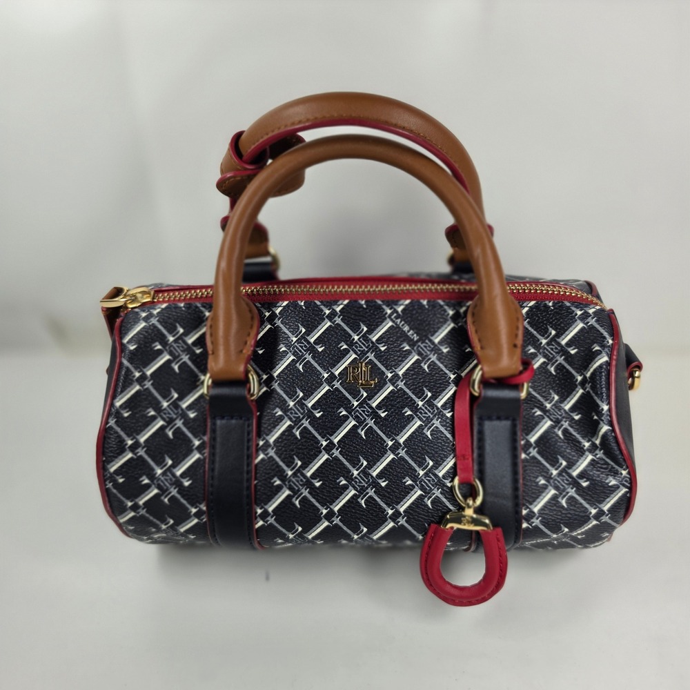 Lauren Ralph Lauren Monogram Jacquard Mini Barrel Satchel Bag Navy Red Crossbody